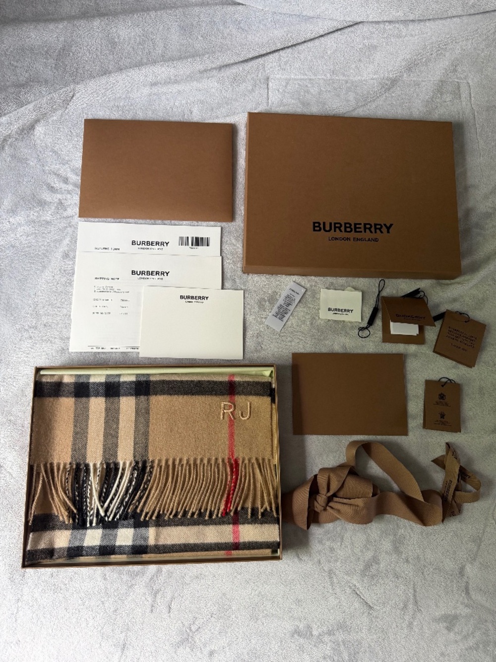 Burberry The Classic Check Cashmere Scarf - Camel (Monogrammed "RJ")